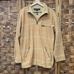 Adrienne Vittadini Tan Checkered Zip-Up Wool Sweater